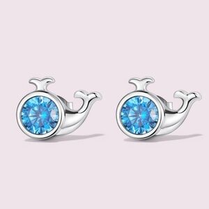 925 Sterling Silver Cute Whale Blue CZ Stud Earrings